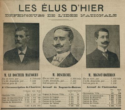 Elections législatives. « Les Elus d'hier défenseurs de l'idée nationale ». L'Avenir Social d'Eure-et-Loir. Samedi 2 mai 1914. PER 36