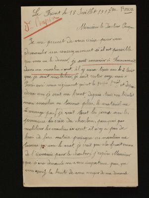 Correspondance de guerre de M. Cailleaux, meunier à Francourville, actuellement au front au docteur Poupon, en date du 18 juillet 1917. Arch. Dép. d'Eure-et-Loir, 1 M 90.