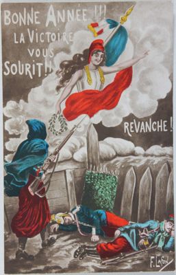 "Bonne année !!! La victoire vous sourit !! Revanche !" - Carte postale illustrée couleur. Arch. Dép. d'Eure-et-Loir, 53 Fi 264, Fonds Legrand.