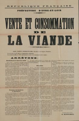 « Vente et consommation de la viande », arrêté préfectoral en date du 4 mai 1918. Arch. Dép. d'Eure-et-Loir, 6 M 136.