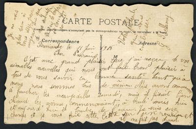 « Porte bonheur ». Carte postale illustrée couleur. Correspondance de guerre en date du 11 juin 1918. Arch. Dép. d'Eure-et-Loir, 5 Num 36 - 49_184, Fonds Rousseau.