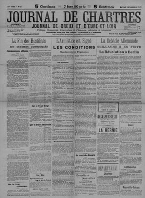 Une du Journal de Chartres, informant de l'Armistice, en date du 13 novembre 1918