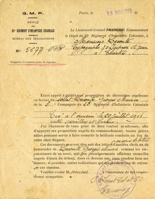 Courrier de proposition de décoration à titre posthume pour le soldat Leconte, en date du 18 novembre 1918. Arch. Dép. d'Eure-et-Loir, 5num36_26, Fonds Leconte.